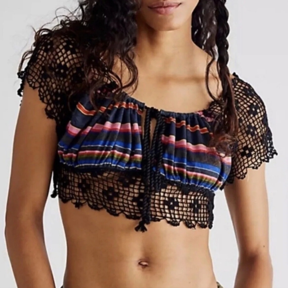 Free People NWOT Crop Top Aruba Crochet Multicolor Striped Size Small